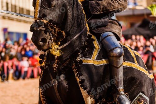 Preview: Detail of the armor of a knight mounted on horseback during a display at a medieval festival.