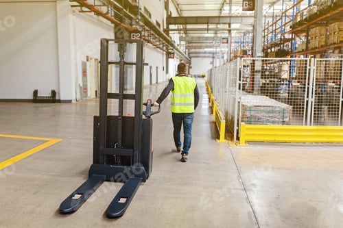 Preview: Storehouse employee in uniform working on reachtruck in modern automatic warehouse. Warehousing