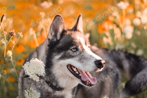 Preview: A portrait of a husky dog standing in the middle of a wildflower field