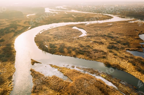Preview: Aerial View. Sunny Sky Above Green Forest, Meadow And River Landscape
