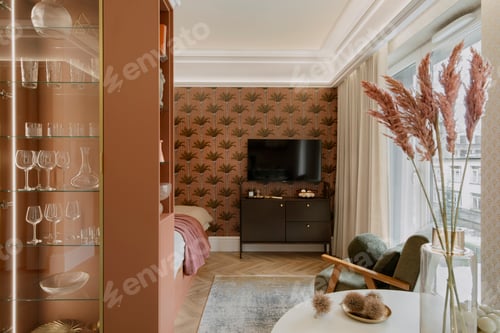 Preview: Warm and cozy composition of bedroom with big bed and personal accessories. Home decor. Template.