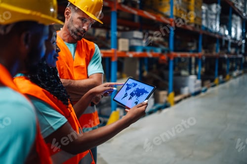 Preview: Warehouse workers checking global logistics on digital tablet