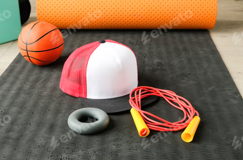 Preview: Jump rope, mat, baseball cap, expander and small baseball ball on training mat