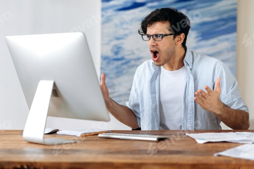 Preview: Outraged irritated young hispanic man with glasses, broker, businessman or manager, got financial lo