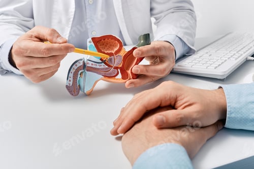 Preview: Prostate disease and treatment. Male reproductive system anatomical model in doctors hands close-up