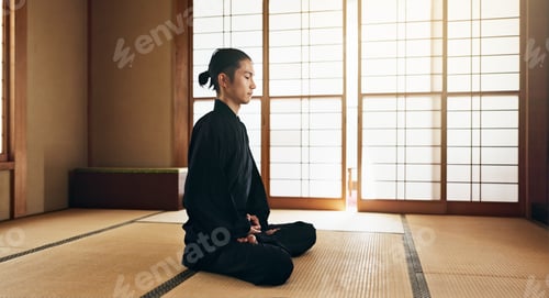 Preview: Martial arts man, meditation and exercise in Japanese dojo with mindfulness, zen or chakra balance