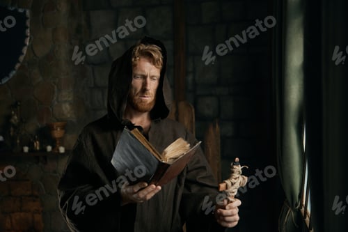 Preview: Thoughtful medieval monk reading ancient book in cathedral