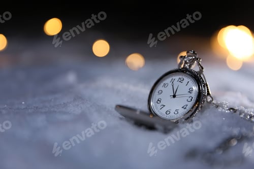 Preview: Pocket watch and Christmas lights on white snow outdoors, space for text. Midnight countdown