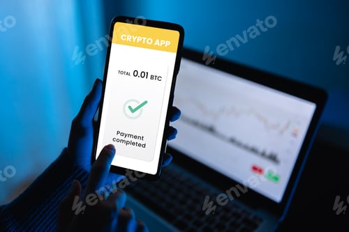 Preview: Crypto payment - Trader doing bitcoin transaction on mobile phone - Blockchain virtual money concept