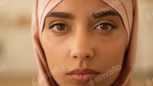 Preview: Close up portrait female face serious calm pensive Islamic woman Muslim girl ethnic Islam Arabian
