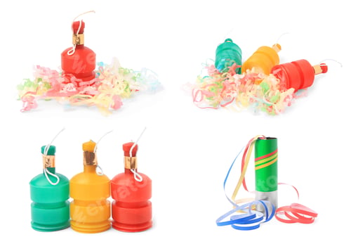 Preview: Collage with party poppers isolated on white