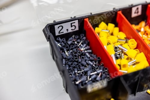 Preview: Close up of a tool box with a lot of different electrical pins