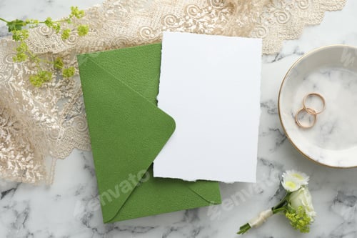 Preview: Wedding invitation card, envelope, golden rings and floral decor on white marble table, closeup