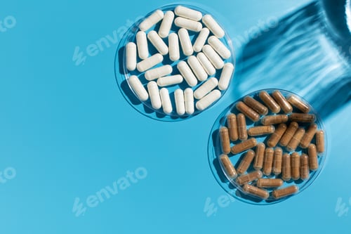Preview: Various vitamins, tablets and dietary supplements on a blue background. Medicine. Copy space