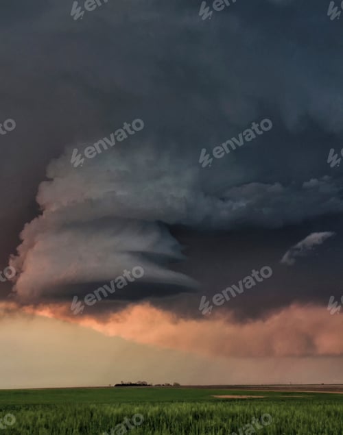 Preview: Majestic storm clouds hover over green fields at dusk.