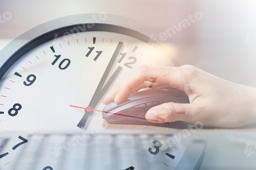 Preview: Closeup Business Woman Working with Laptop computer overlay with Afternoon Break Lunch Times Clock f