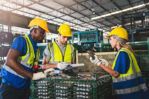 Preview: Group of Diverse Warehouse Workers Working Together to Quality Control in Factory.