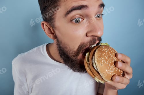Preview: bearded man with hamburger fast food close-up lifestyle