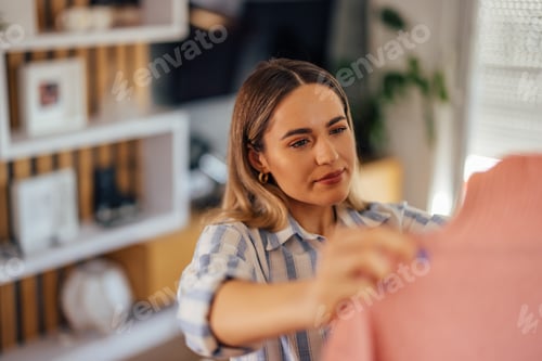 Preview: Woman Choosing Clothes in a Cozy Home Environment with Thoughtful Expression