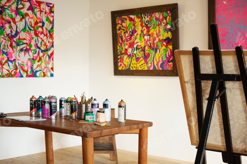 Preview: Interior view or art gallery with studio space, easels and cans of spray paint on a table.