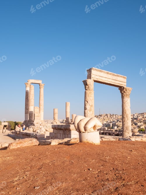 Preview: Scenic view of ruins of old famous Temple of Hercules - historic place in the Amman Citadel, Jordan.