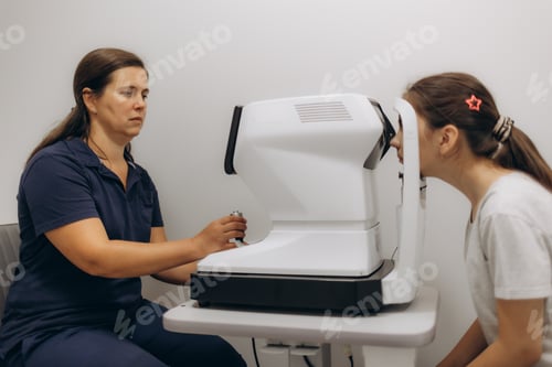 Preview: teenage girl checks her eyesight in a vision clinic