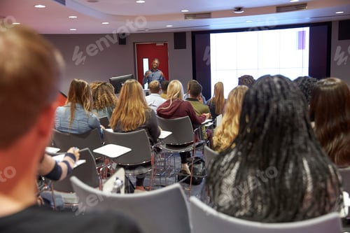 Preview: Student lecture in modern university classroom, back view