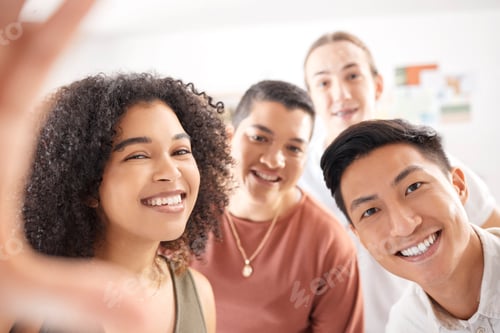 Preview: Happy, smile and business team taking a selfie at a fun team building event or meeting in the offic