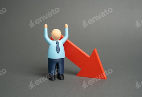 Preview: An office worker and a downward-facing arrow. Mass layoffs, salary cuts. Economic crisis