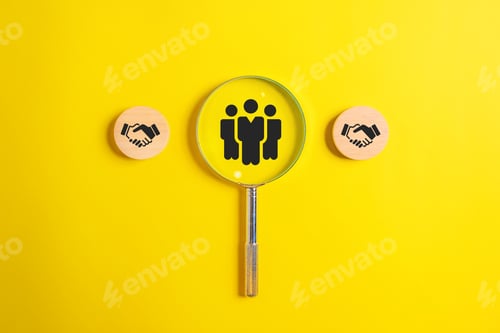 Preview: Wooden block with teamwork employees business icons