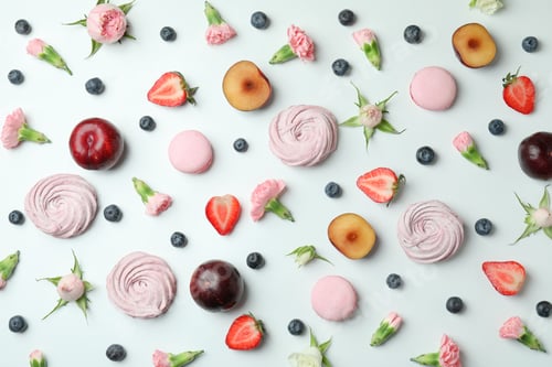 Preview: Concept of tasty macaroons and marshmallows on white background