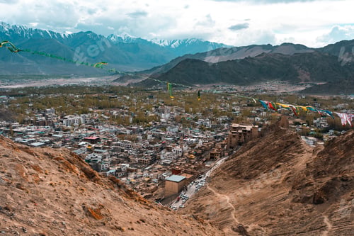 Preview: Panoramic view of Leh city in Ladakh, India, nestled in Himalayan mountains, dramatic brown ridges