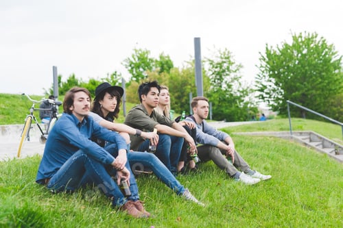 Preview: Group of friends sitting park drinking beer relaxing