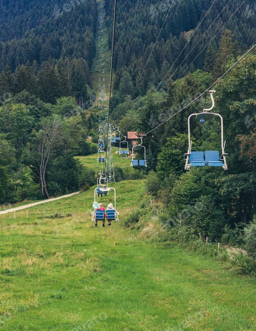 Preview: Cable car, ski lift with blue seats in summer among the green pine trees