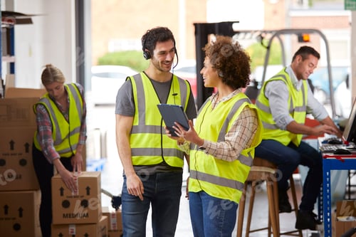 Preview: Male And Female Workers Wearing Headsets In Logistics Distribution Warehouse Using Digital Tablet