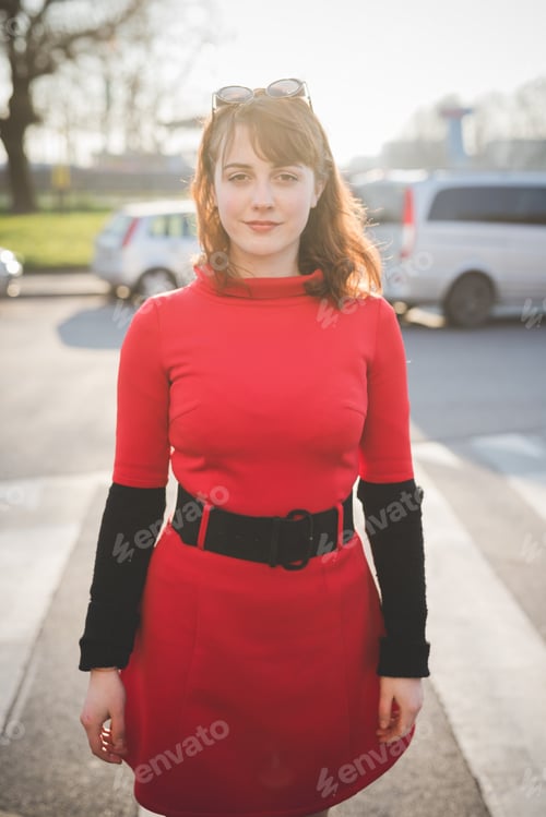 Preview: young beautiful red dressed vintage hipster woman