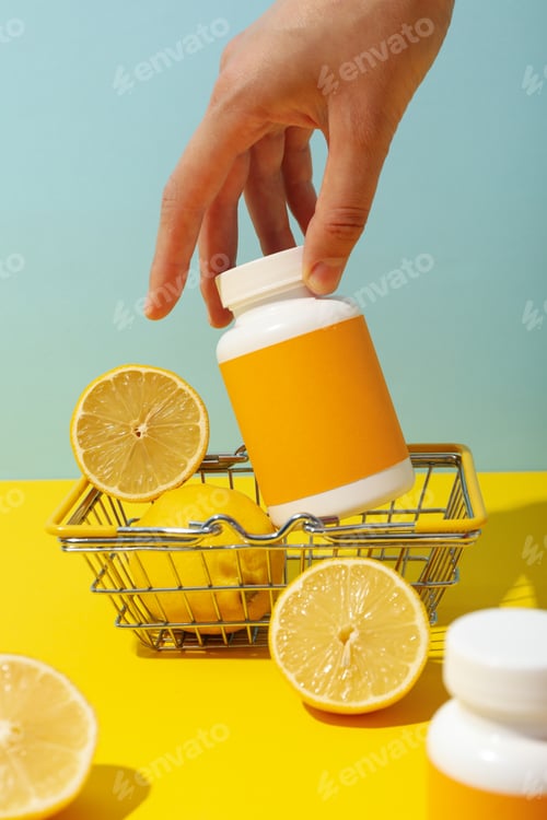 Preview: Bio-supplement vitamin C, in tablets on a light background.
