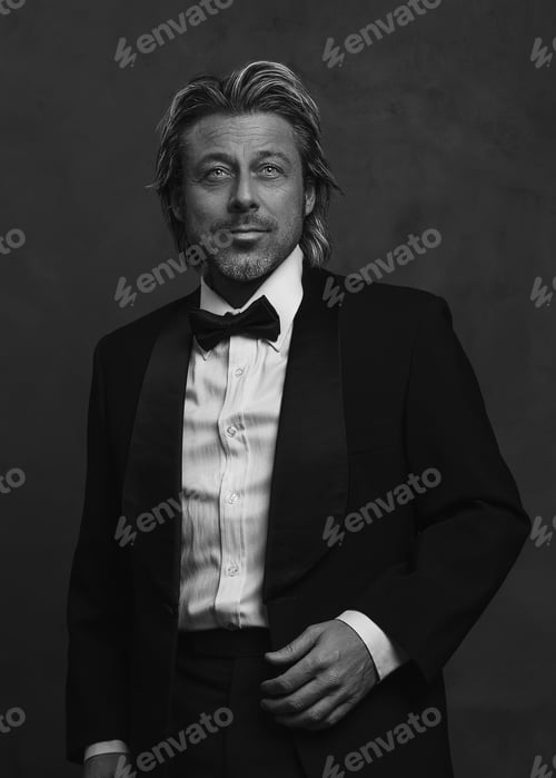 Preview: Happy Blonde Man With Stubble Beard In Tuxedo. Black And White Photo.