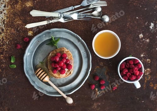 Preview: Breakfast set. Buckwheat pancakes with fresh raspberries