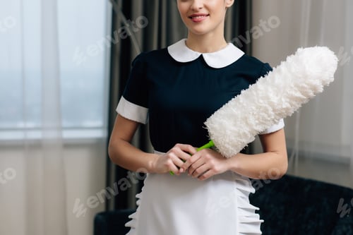 Preview: cropped shot of happy maid in uniform with duster