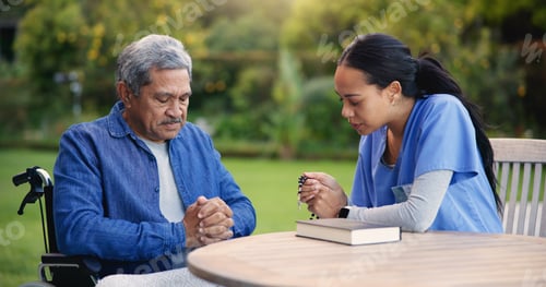 Preview: Wheelchair, praying or caregiver with senior man for care, support or trust in retirement or nature