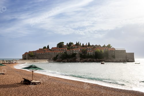 Preview: St. Stephan Island on the Adriatic Sea in Montenegro, an elite red sand beach