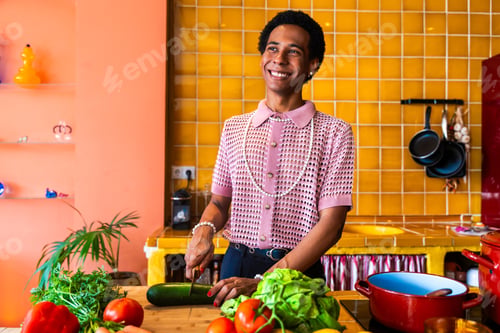 Preview: Fluid gender young man at home, LGBTQ and diversity concepts