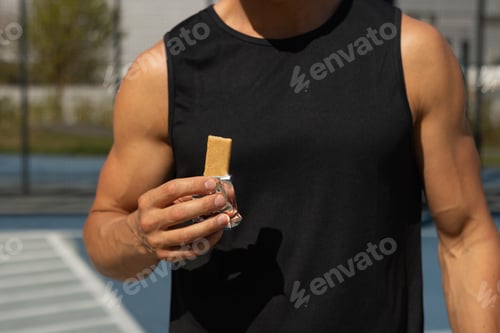 Preview: Muscular athlete snacks on protein bar while resting after workout.