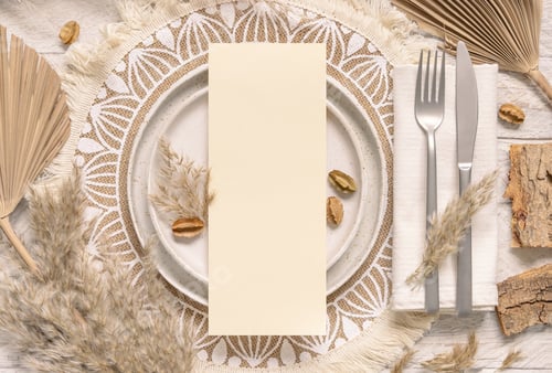 Preview: Boho Wedding Table place with Blank card on plate near pampas grass