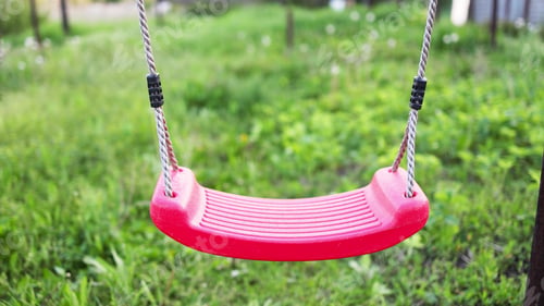 Preview: Lonely swing hanging in a garden full of green grass and trees in springtime