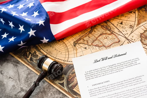 Preview: Document of last wills and testament, background with gavel of a lawyer and American flag.