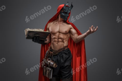 Preview: Dark cultist with muscular body and horned mask holding book
