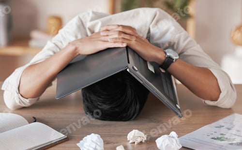 Preview: Stress, frustrated and burnout for man with laptop to cover face, head or skull overwhelmed with pa