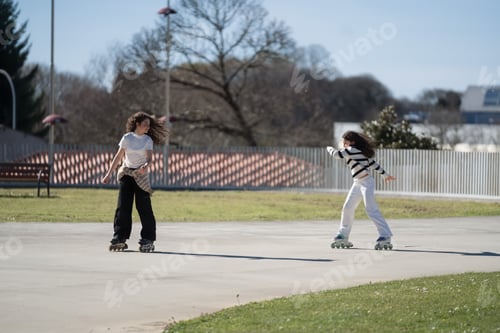 Preview: Two teenage girls skating together in a sunny park